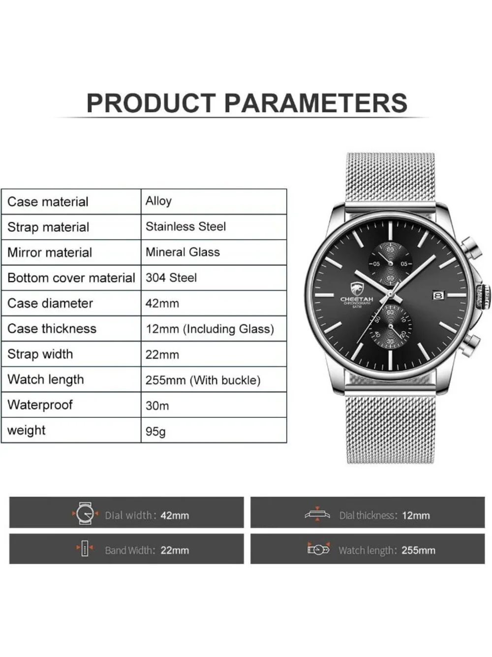 Men's Silver Black Quartz Analog Mesh Strap Stainless Steel Chronograph Watch